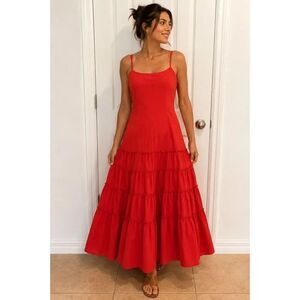 Promod Red Cotton Tiered Maxi Dress Adjustable Spaghetti Strap EU 38/US 6 Lined